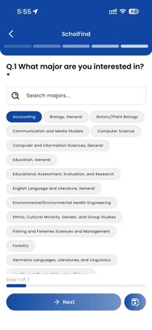CollegeWiseOwl's major selection screen